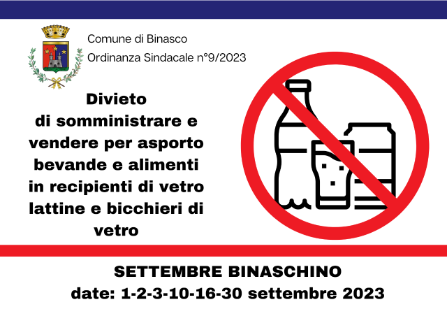 Manifestazioni settembre : divieto somministrazione e vendita bevande in bicchieri, bottiglie o confezioni in vetro e lattine.